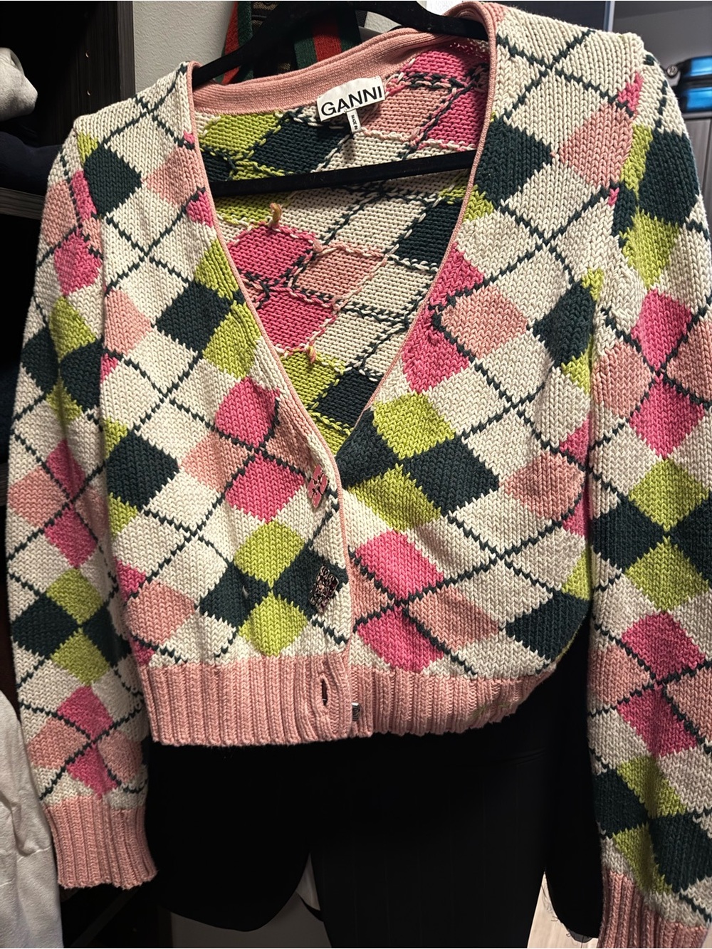 GANNI Pink Argyle Knit Cardigan Sweater  large.